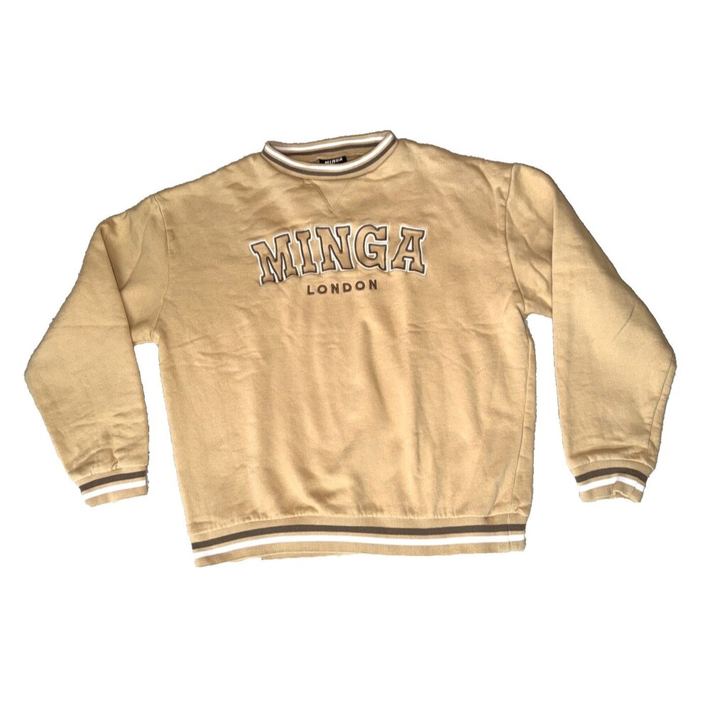 Minga London Pullover Sweatshirt Size S Spell Out Brown Tan Fleece 100% Cotton